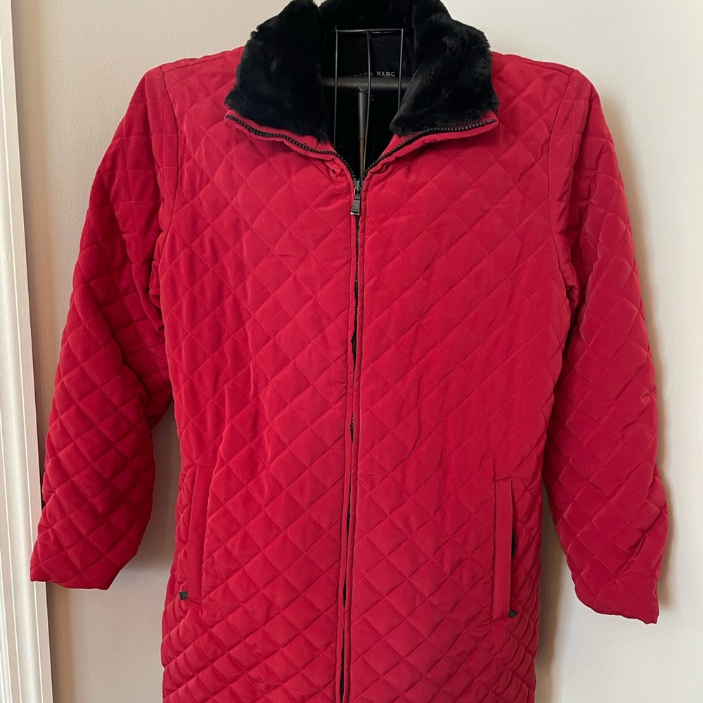 Coat Jacket Andrew Marc Red Black Fur Collar